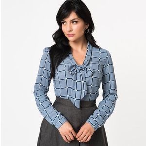 Unique Vintage window pane plaid bow neck blouse